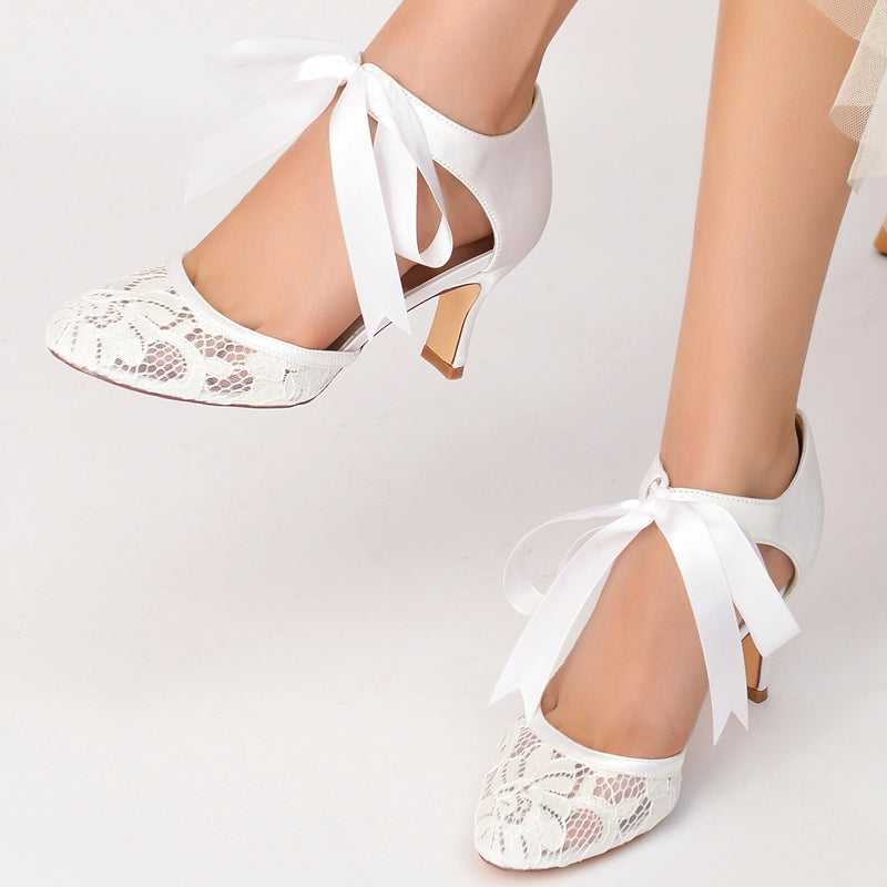 Women's Wedding Shoes Black Round Toe Mid Heel Elegant Bridal Shoes with Bow Straps