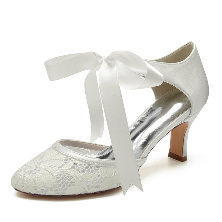 Women's Wedding Shoes Black Round Toe Mid Heel Elegant Bridal Shoes with Bow Straps