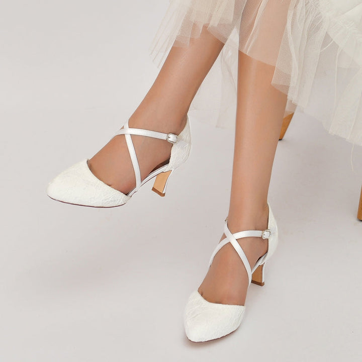 Women's Wedding Shoes Pointed Toe Mid Heel Crossed Straps Elegant Buckle Bridal Shoes