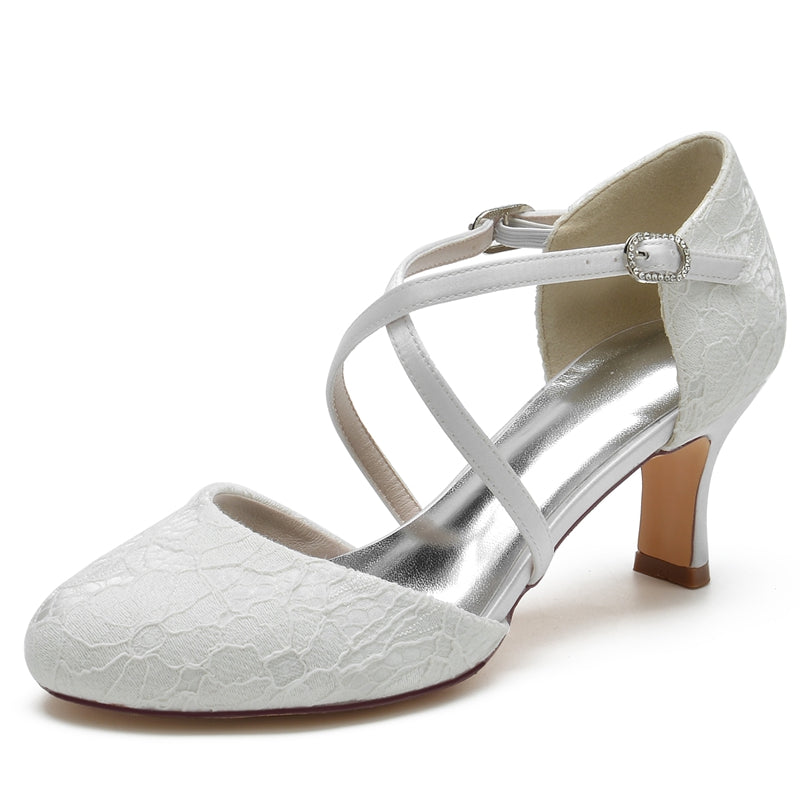 Women's Wedding Shoes Pointed Toe Mid Heel Crossed Straps Elegant Buckle Bridal Shoes