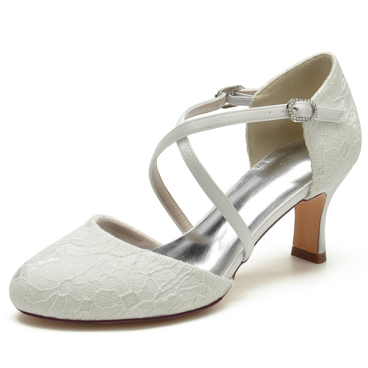 Women's Wedding Shoes Pointed Toe Mid Heel Crossed Straps Elegant Buckle Bridal Shoes