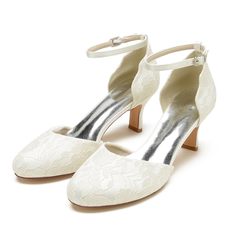 Women's Wedding Shoes Ivory Round Toe Mid Heel Lace Chic Buckle Bridal Shoes