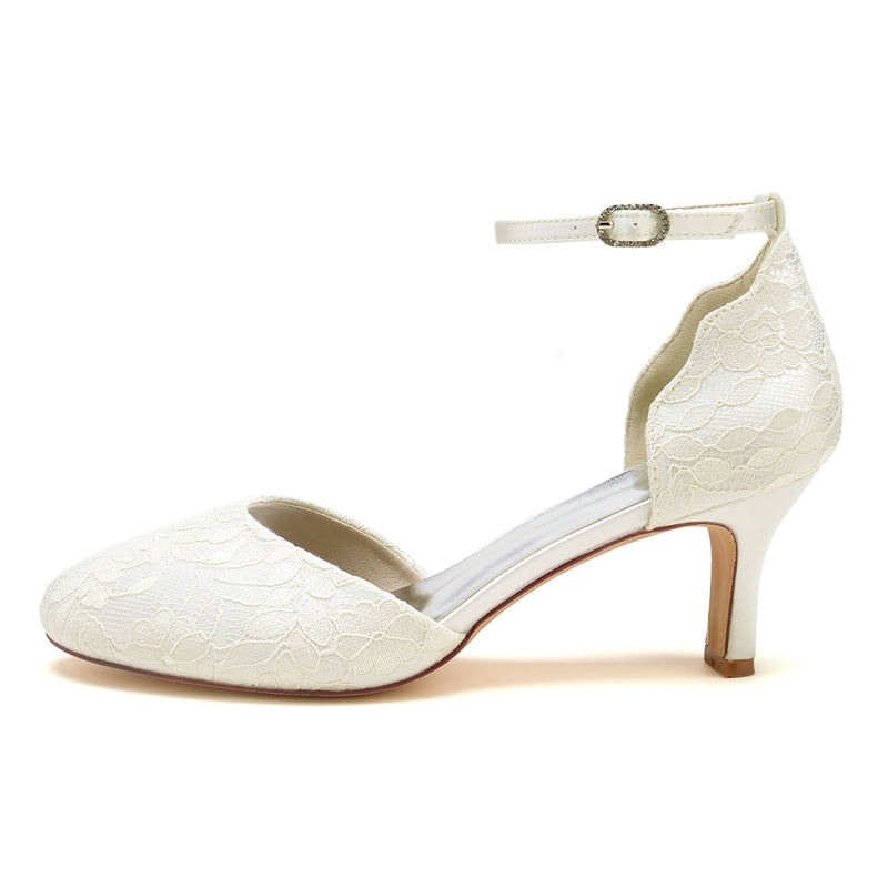 Women's Wedding Shoes Ivory Round Toe Mid Heel Lace Chic Buckle Bridal Shoes