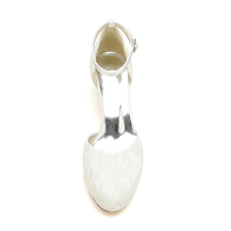 Women's Wedding Shoes Ivory Round Toe Mid Heel Lace Chic Buckle Bridal Shoes