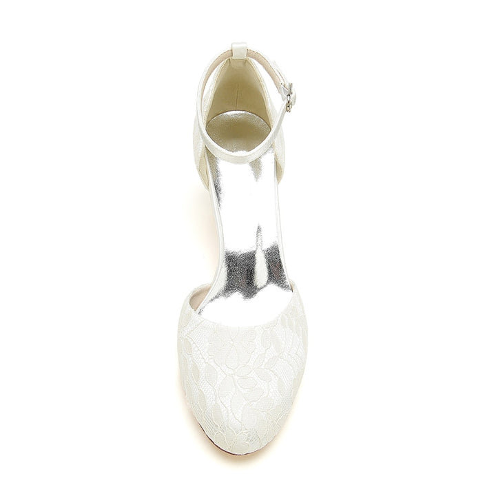 Women's Wedding Shoes Ivory Round Toe Mid Heel Lace Chic Buckle Bridal Shoes