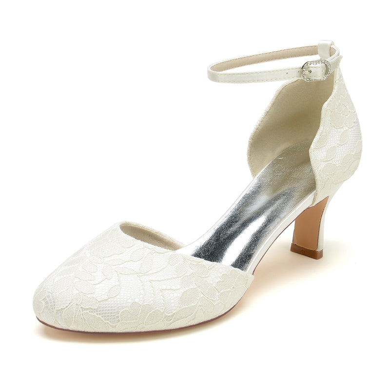 Women's Wedding Shoes Ivory Round Toe Mid Heel Lace Chic Buckle Bridal Shoes