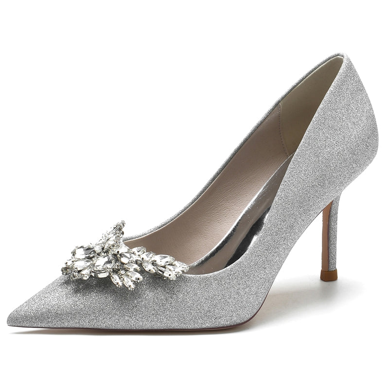 Women's Wedding Shoes White Pointed Toe High Heel Chic Bridal Shoes with Rhinestone
