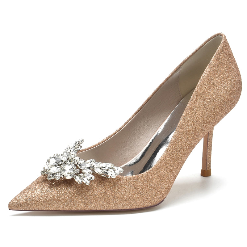 Women's Wedding Shoes White Pointed Toe High Heel Chic Bridal Shoes with Rhinestone