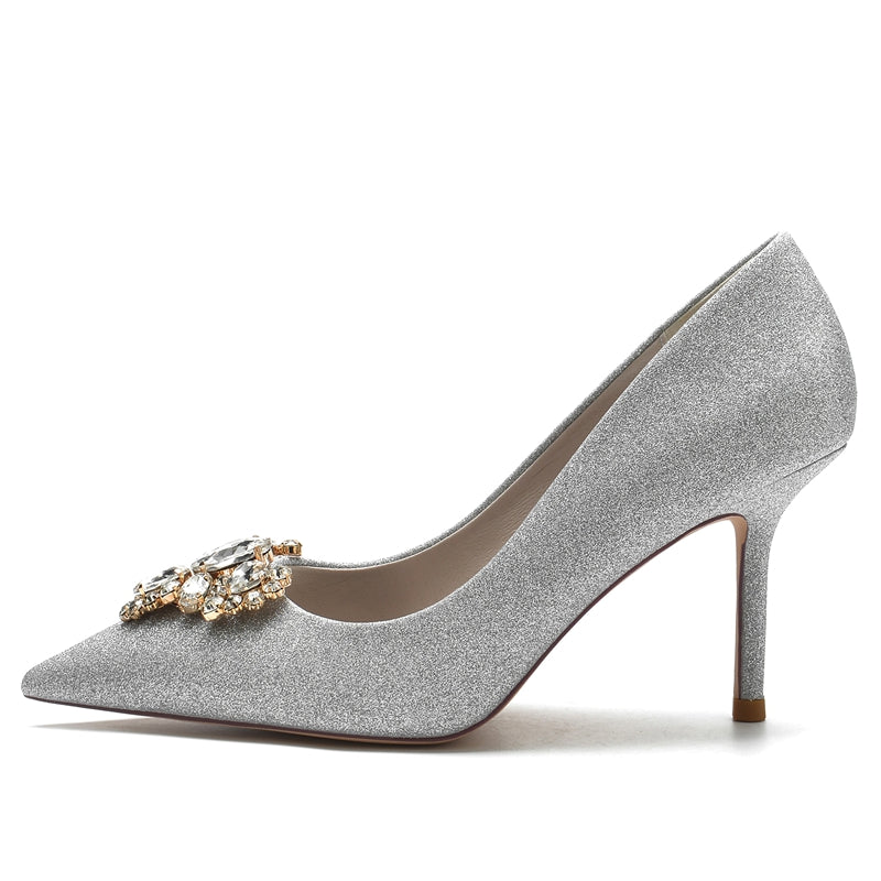 Women's Wedding Shoes Silver Pointed Toe Stiletto Heel Elegant Bridal Shoes with Rhinestone