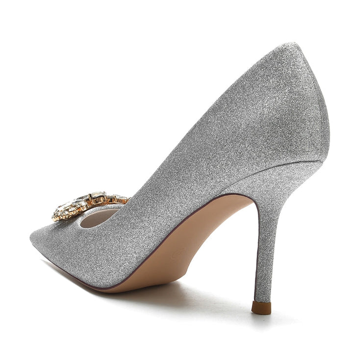 Women's Wedding Shoes Silver Pointed Toe Stiletto Heel Elegant Bridal Shoes with Rhinestone