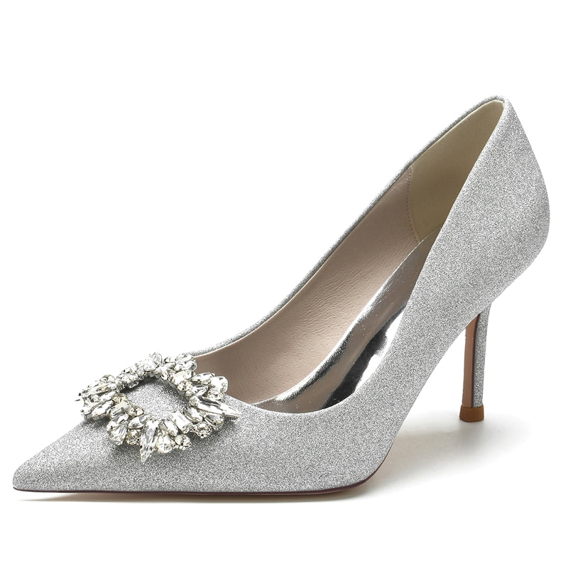Women's Wedding Shoes Closed Toe Stiletto Heel Chic Bridal Shoes with Square Rhinestone