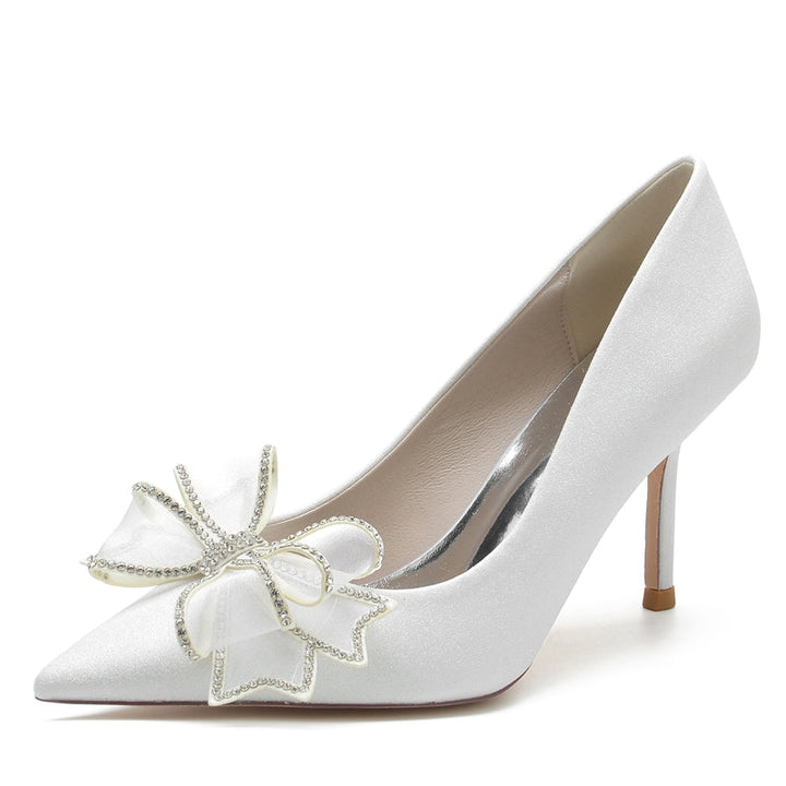 Women's Wedding Shoes White Closed Toe High Heel Bridal Shoes with Bow & Rhinestone