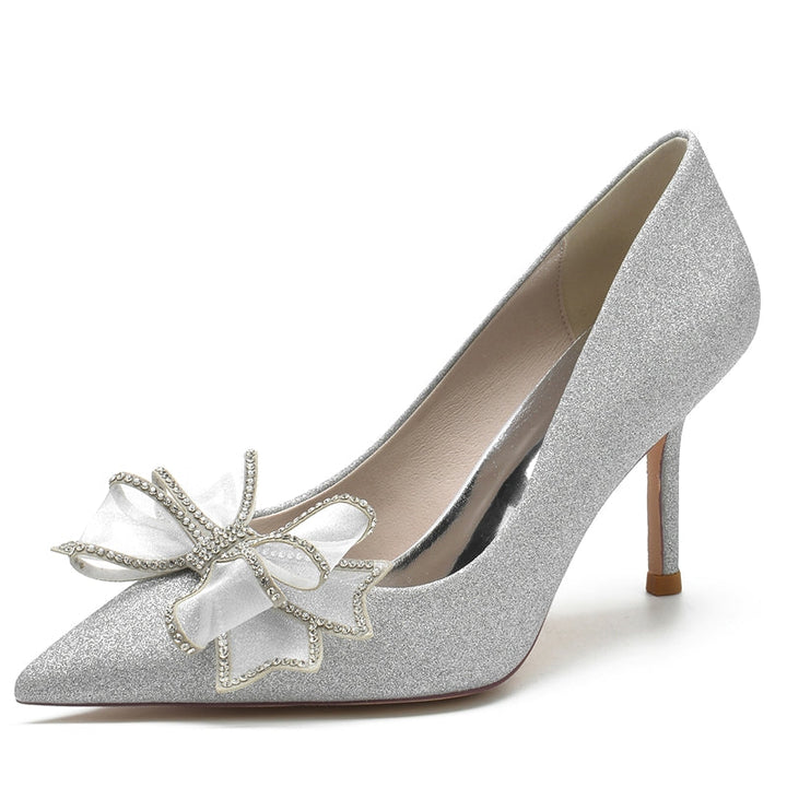 Women's Wedding Shoes White Closed Toe High Heel Bridal Shoes with Bow & Rhinestone