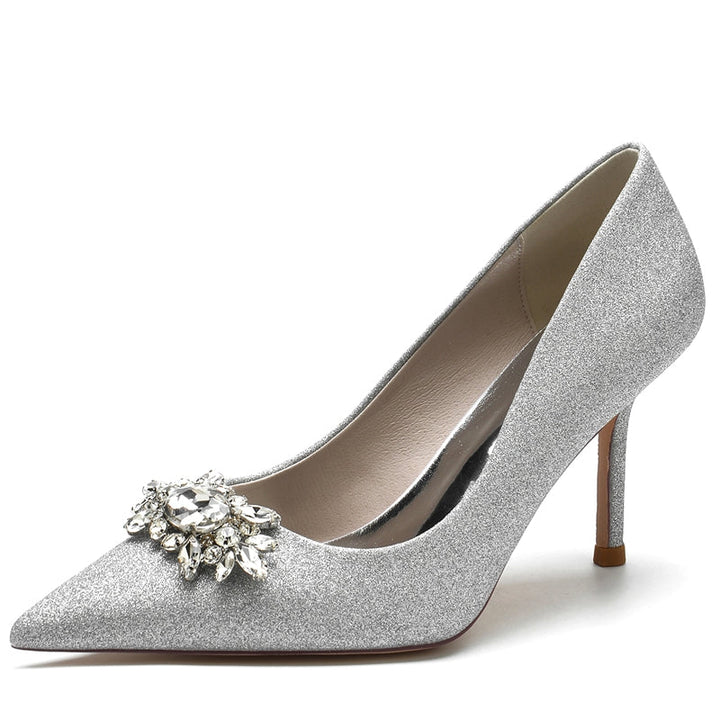 Women's Wedding Shoes White Closed Toe Sparkling Stretch Glitter Bridal Shoes with Rhinestone