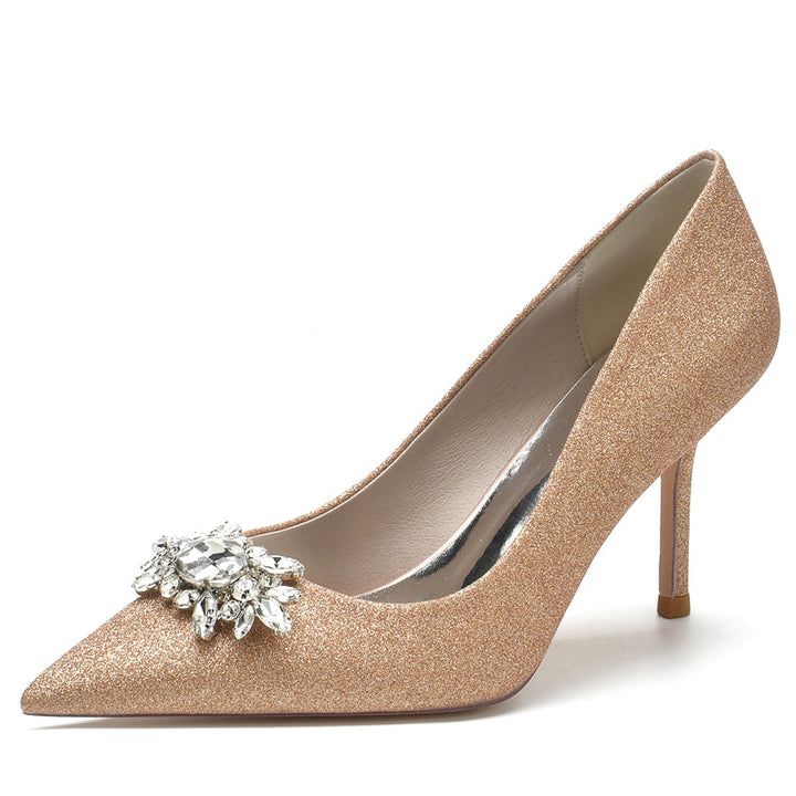 Women's Wedding Shoes White Closed Toe Sparkling Stretch Glitter Bridal Shoes with Rhinestone
