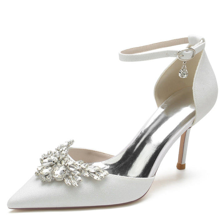 Women's Wedding Shoes White Pointed Toe Sparkling Buckle Bridal Shoes with Rhinestone