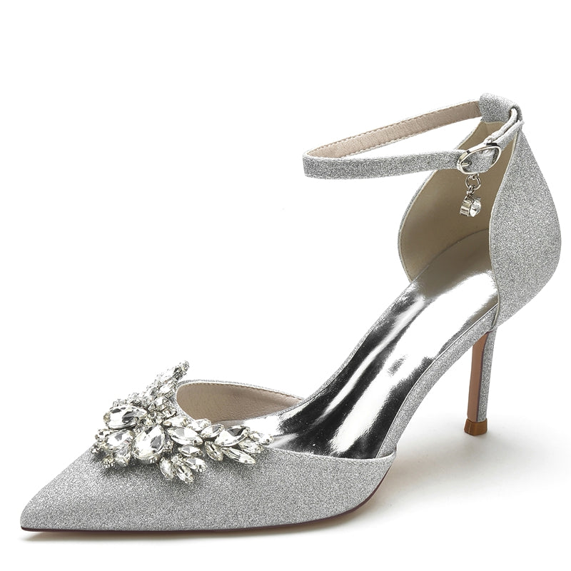 Women's Wedding Shoes White Pointed Toe Sparkling Buckle Bridal Shoes with Rhinestone