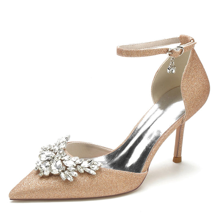 Women's Wedding Shoes White Pointed Toe Sparkling Buckle Bridal Shoes with Rhinestone