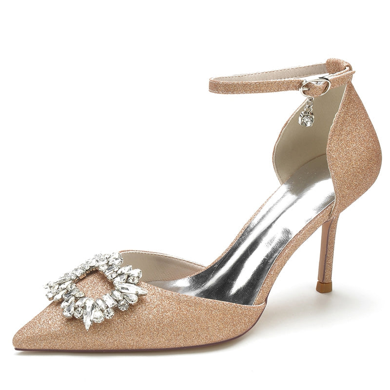 Women's Wedding Shoes Closed Toe High Heel Luxurious Bridal Shoes with Square Rhinestone