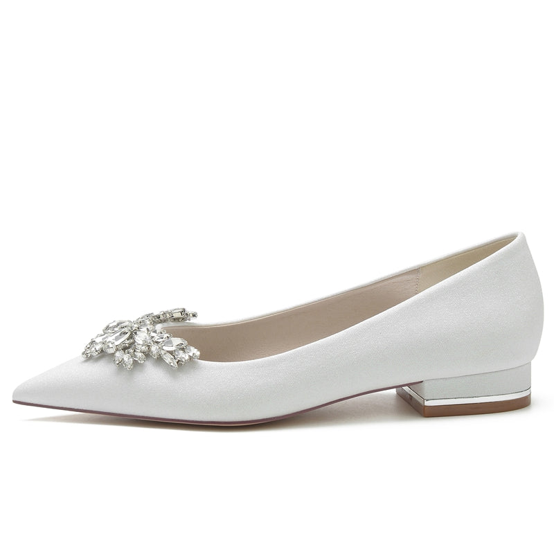 Women's Wedding Shoes White Closed Toe Low Heel Classic Bridal Shoes with Delicate Rhinestone