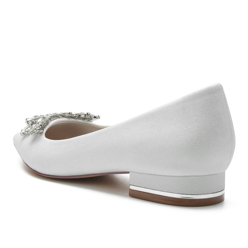 Women's Wedding Shoes White Closed Toe Low Heel Classic Bridal Shoes with Delicate Rhinestone