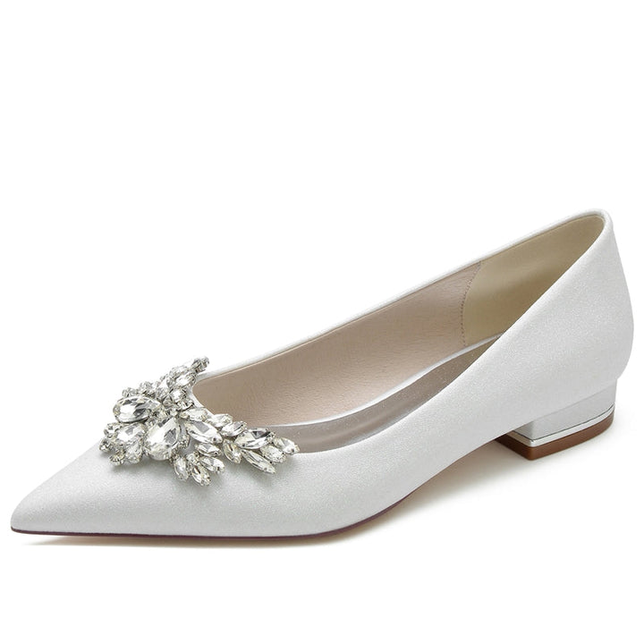 Women's Wedding Shoes White Closed Toe Low Heel Classic Bridal Shoes with Delicate Rhinestone