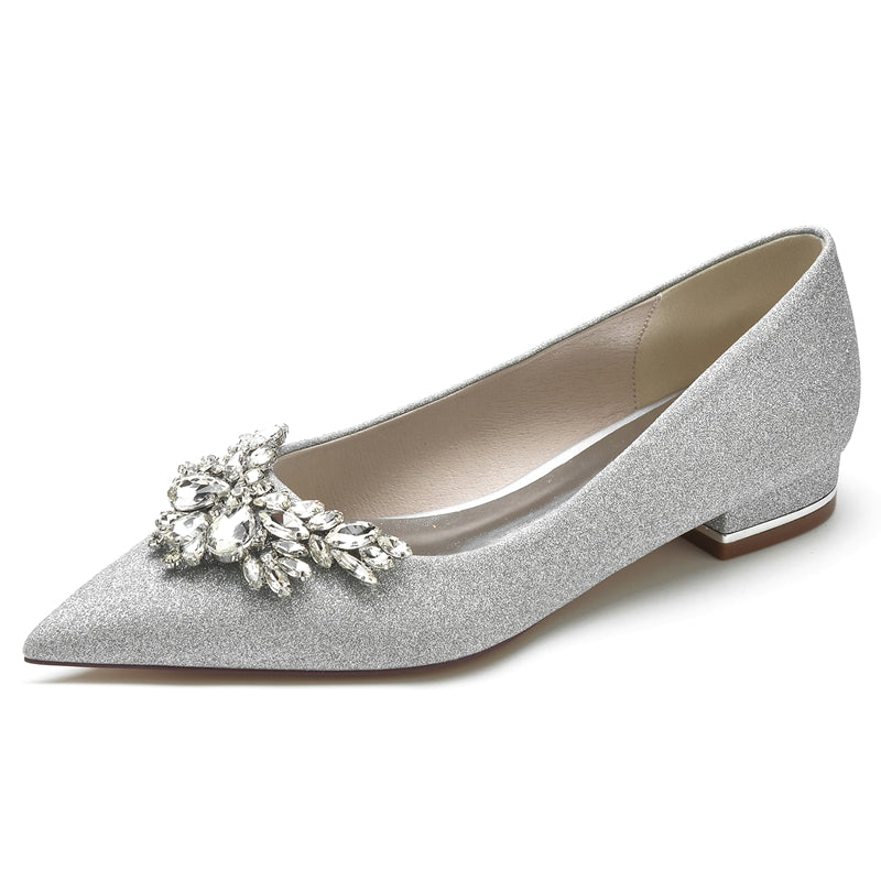 Women's Wedding Shoes White Closed Toe Low Heel Classic Bridal Shoes with Delicate Rhinestone