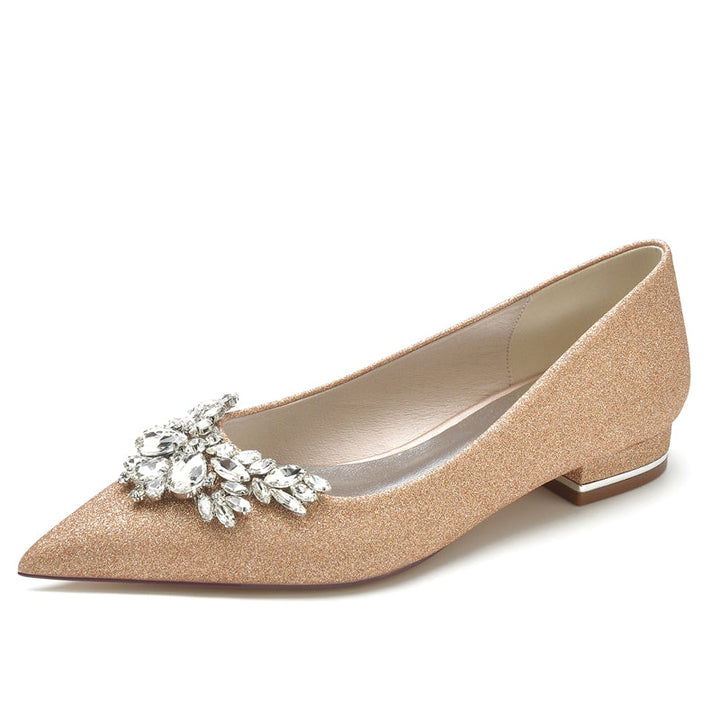 Women's Wedding Shoes White Closed Toe Low Heel Classic Bridal Shoes with Delicate Rhinestone