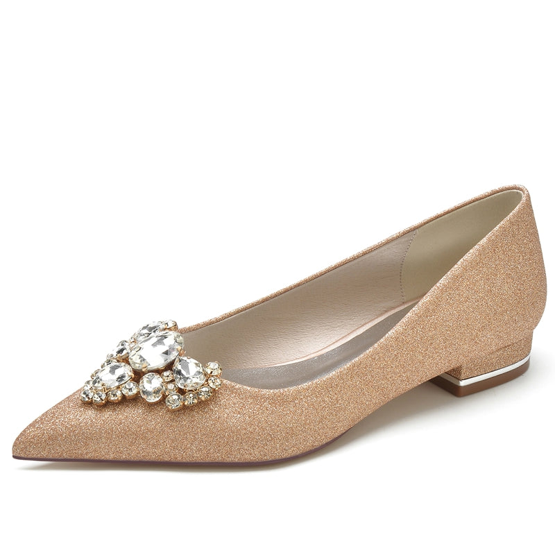 Women's Wedding Shoes Closed Toe Flat Heel Elegant Bridal Shoes with Rhinestone