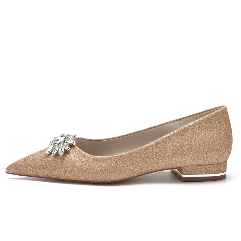 Women's Wedding Shoes Pointed Toe Flat Heel Sparkling Bridal Shoes with Rhinestone