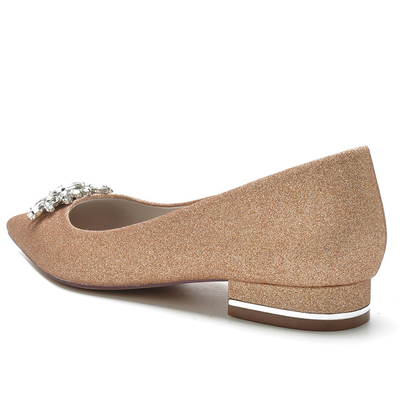 Women's Wedding Shoes Pointed Toe Flat Heel Sparkling Bridal Shoes with Rhinestone