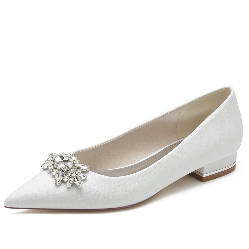 Women's Wedding Shoes Pointed Toe Flat Heel Sparkling Bridal Shoes with Rhinestone