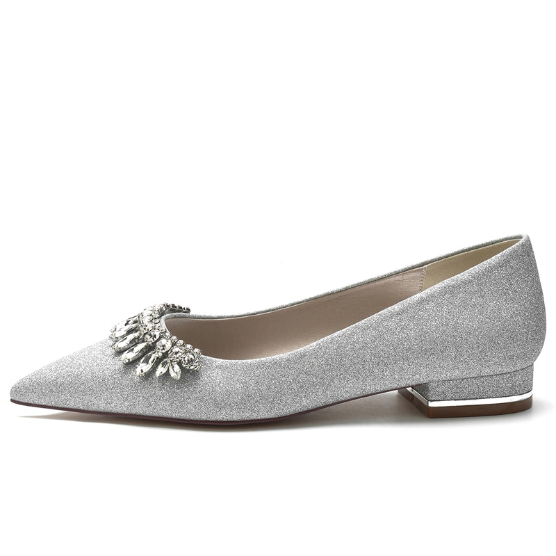 Women's Wedding Shoes Pointed Toe Low Heel Simple Bridal Shoes with Curved Rhinestone