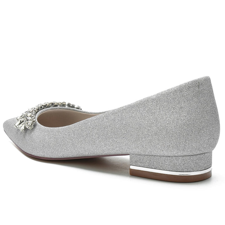 Women's Wedding Shoes Pointed Toe Low Heel Simple Bridal Shoes with Curved Rhinestone