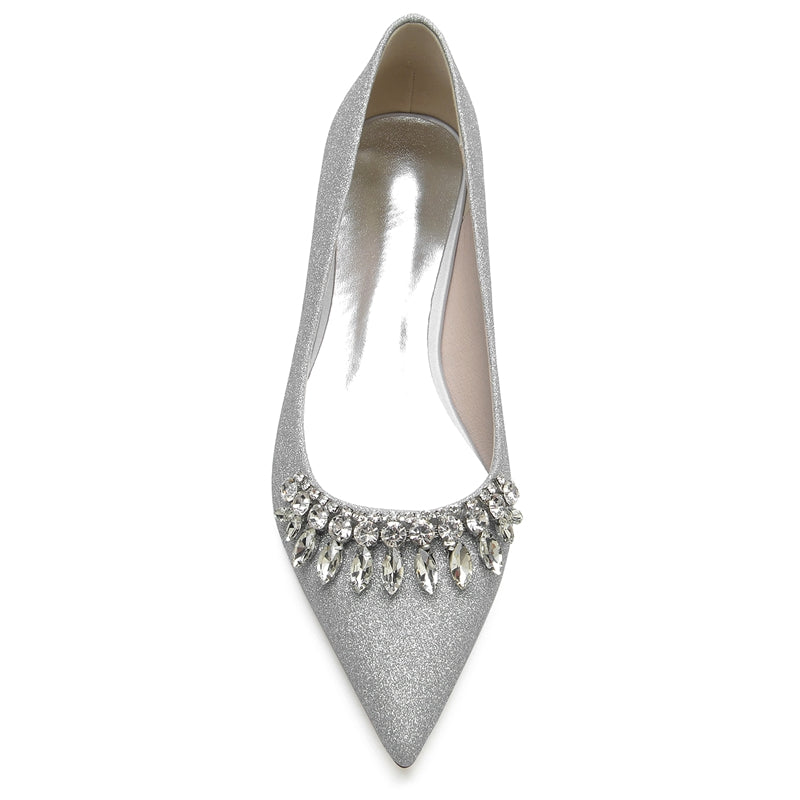Women's Wedding Shoes Pointed Toe Low Heel Simple Bridal Shoes with Curved Rhinestone