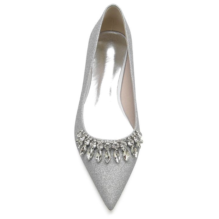 Women's Wedding Shoes Pointed Toe Low Heel Simple Bridal Shoes with Curved Rhinestone