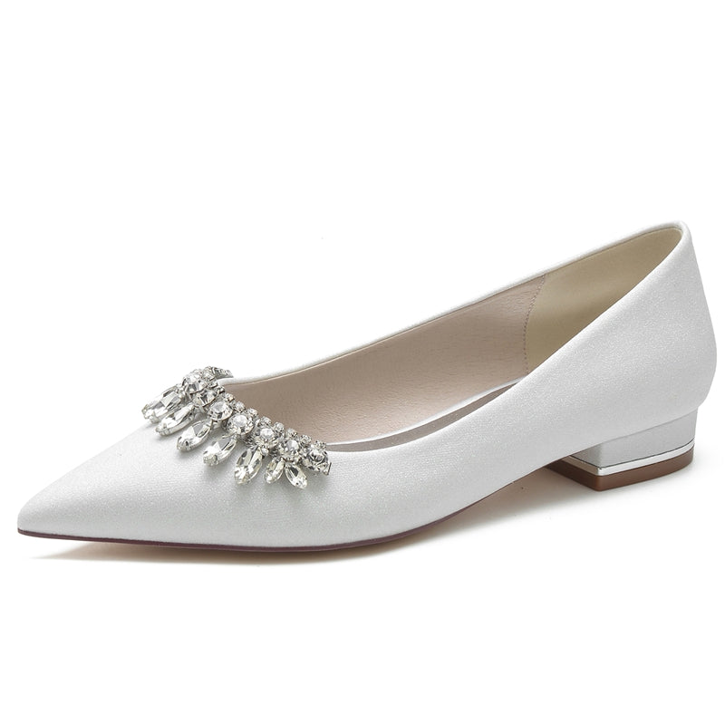 Women's Wedding Shoes Pointed Toe Low Heel Simple Bridal Shoes with Curved Rhinestone