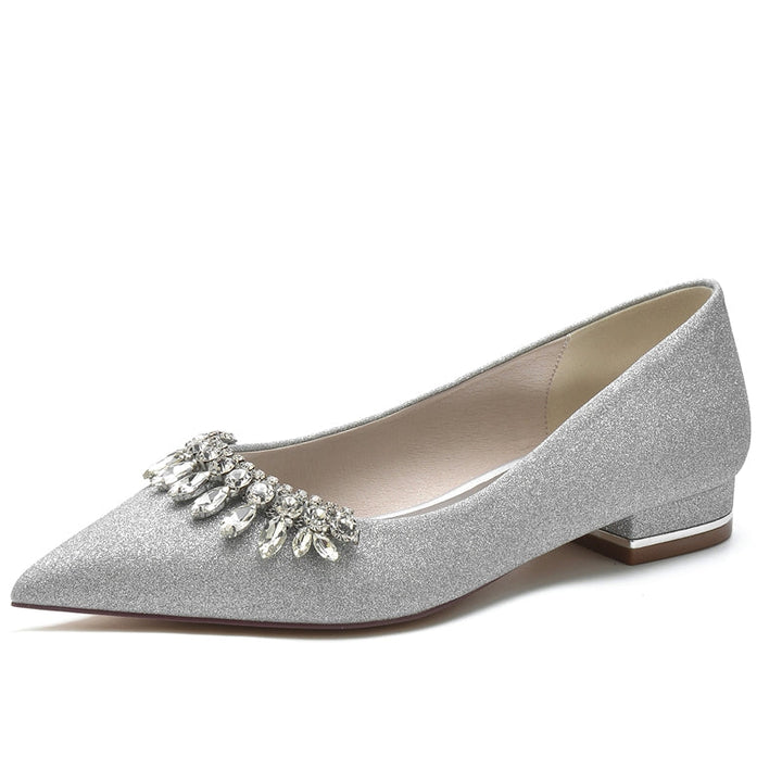 Women's Wedding Shoes Pointed Toe Low Heel Simple Bridal Shoes with Curved Rhinestone