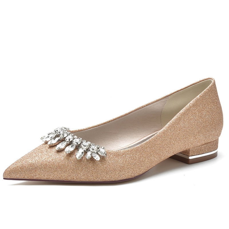 Women's Wedding Shoes Pointed Toe Low Heel Simple Bridal Shoes with Curved Rhinestone