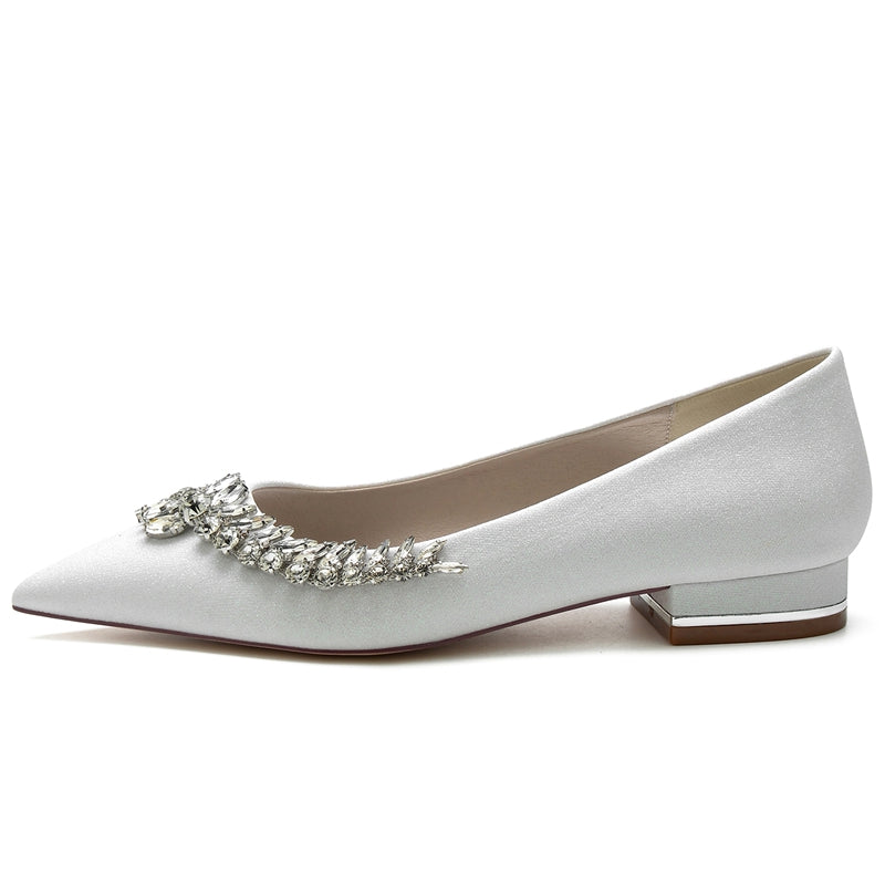 Women's Wedding Shoes Pointed Toe Square Heel Stylish Bridal Shoes with Asymmetrical Rhinestone
