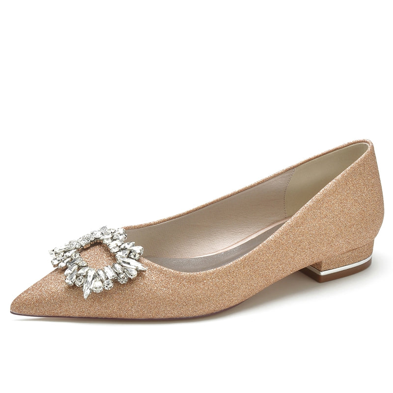 Women's Wedding Shoes Closed Toe Flat Heel Elegant Bridal Shoes with Square Rhinestone
