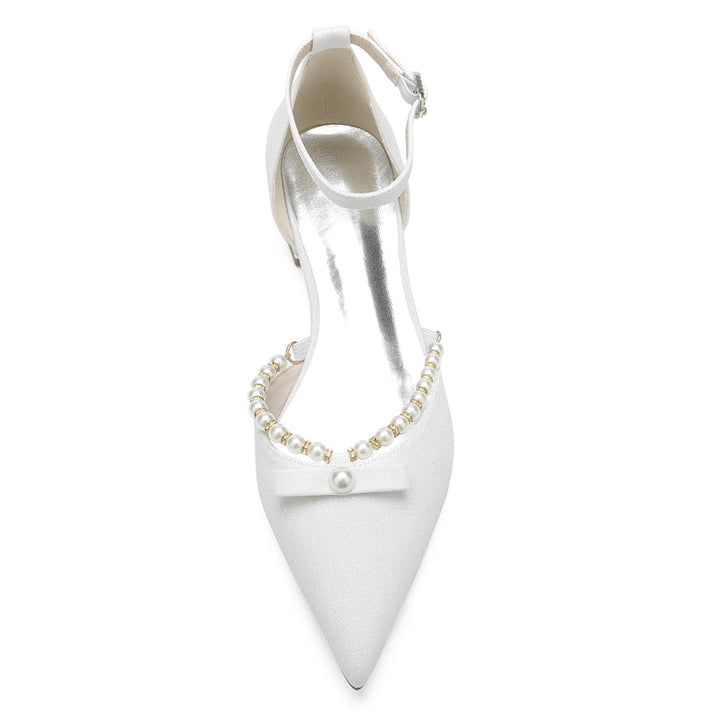 Women's Wedding Shoes White Point Toe Low Heel Buckle Bridal Shoes with Pearl & Bowknot