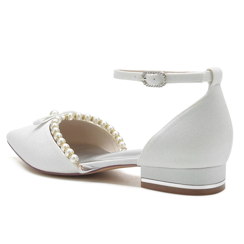 Women's Wedding Shoes White Point Toe Low Heel Buckle Bridal Shoes with Pearl & Bowknot