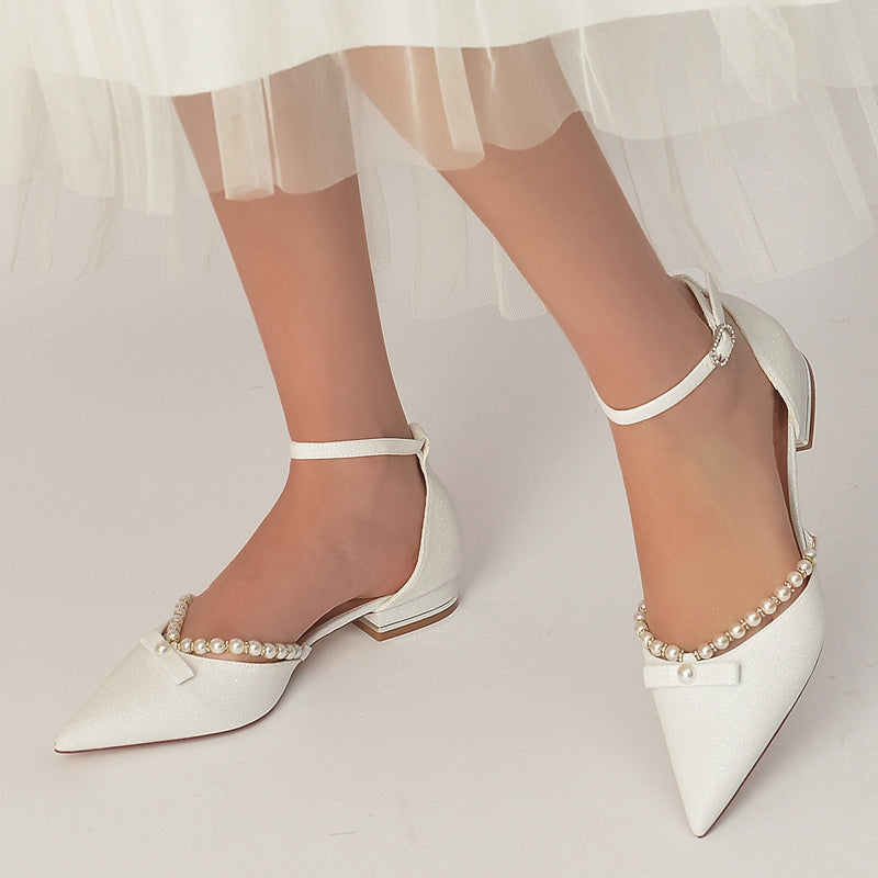 Women's Wedding Shoes White Point Toe Low Heel Buckle Bridal Shoes with Pearl & Bowknot