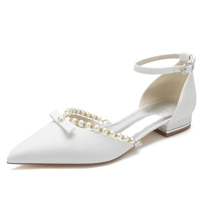 Women's Wedding Shoes White Point Toe Low Heel Buckle Bridal Shoes with Pearl & Bowknot