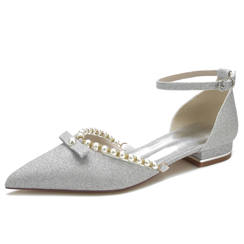 Women's Wedding Shoes White Point Toe Low Heel Buckle Bridal Shoes with Pearl & Bowknot