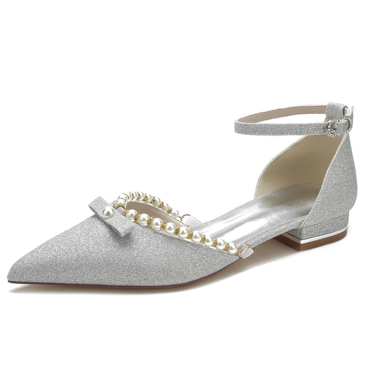 Women's Wedding Shoes White Point Toe Low Heel Buckle Bridal Shoes with Pearl & Bowknot