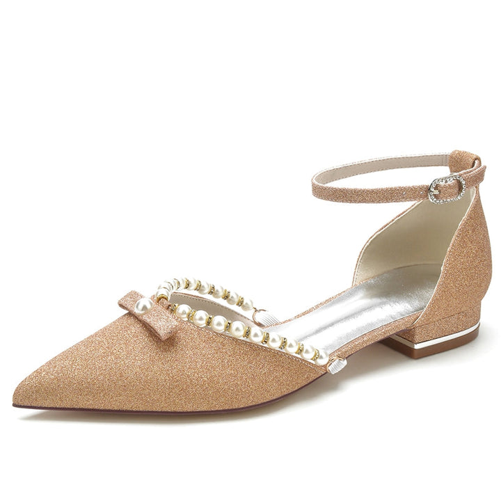 Women's Wedding Shoes White Point Toe Low Heel Buckle Bridal Shoes with Pearl & Bowknot