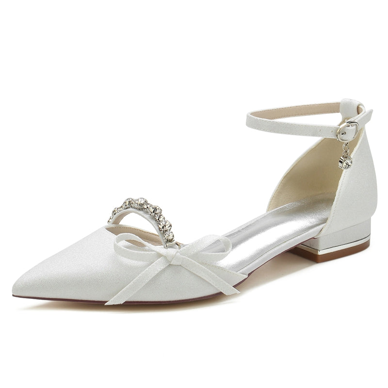 Women's Wedding Shoes White Closed Toe Exquisite Buckle Bridal Shoes with Rhinestone & Bow