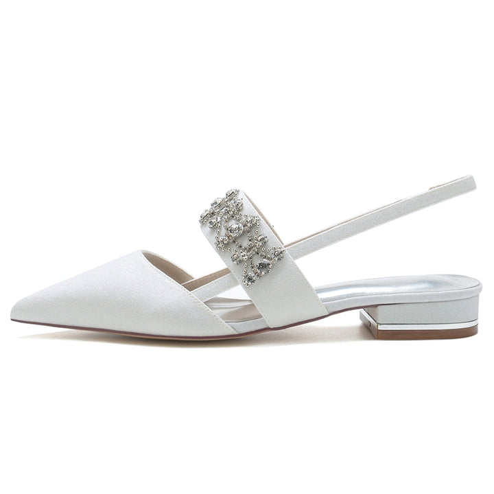 Women's Wedding Shoes White Closed Toe Buckle Slip-On Bridal Shoes with Rhinestone & Beadings